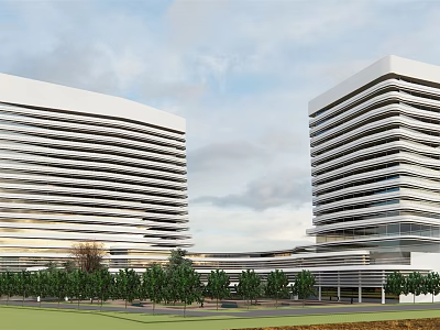 Modern High Rise Office Building With Glass Windows Landscaping And Surrounding Trees 3d model