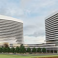 Modern High Rise Office Building With Glass Windows Landscaping And Surrounding Trees