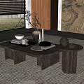 Modern Dark Wooden Coffee Table With Vase Bowl And Side Table On Beige Rug