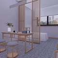 Spacious Elevator Hallway With Wooden Doors Green Signs Dark Carpet And Rest Chairs