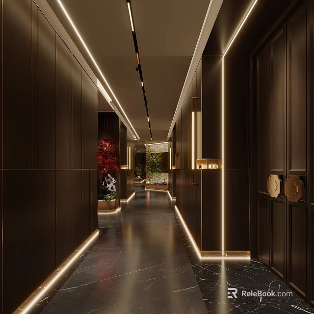 Modern Hotel Corridor With Dark Wood Walls LED Strip Lighting Polished Floor Green Plants And Decorative Plates 3d model 