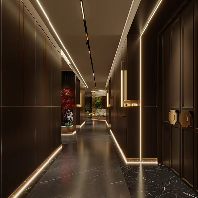 Modern Hotel Corridor With Dark Wood Walls LED Strip Lighting Polished Floor Green Plants And Decorative Plates 3d model