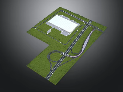Area Layout Design With Large White Building Green Grass And Curved Roads 3d model