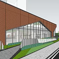 Modern Red Brick Sales Office Building With Glass Facade And Landscaped Greenery
