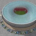 Qatar Circular Stadium With Geometric Pattern Exterior Steps Palm Trees And Patterned Ground
