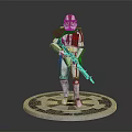 Armored Soldier Figure In Red And White Armor Holding Rifle On Circular Base With Emblem