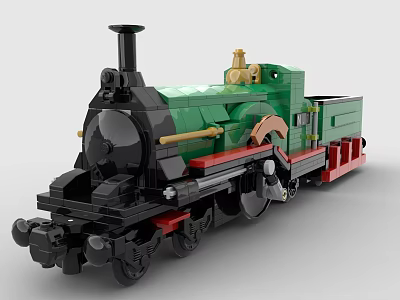 Building Blocks Green Steam Train With Black Chimney Red Wheels And Gold Details 3d model