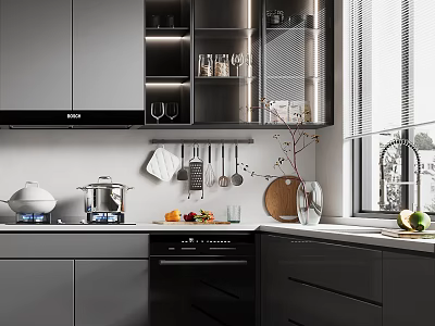 Modern Kitchen With Grey Cabinets Black Appliances Wine Glasses Utensils Fruits Cutting Board And Plant 3d model