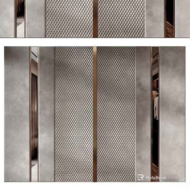 Modern Front Desk Backdrop With Metal Grid Design Gray Panel And Gold Accents 3d model 