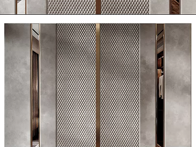Modern Front Desk Backdrop With Metal Grid Design Gray Panel And Gold Accents 3d model