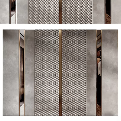 Modern Front Desk Backdrop With Metal Grid Design Gray Panel And Gold Accents 3d model
