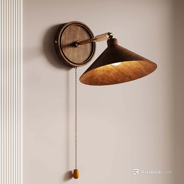 Wooden Wall Lamp With Round Base Conical Shade And Chain Switch 3d model