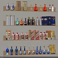 Wooden Shelf Display With Various Types Of Liquor Bottles And Alcohol Boxes