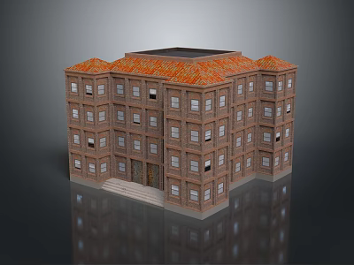 Multi Story Residential Building Featuring Red Tiled Roof Brick Exterior Multiple Windows And Steps Entrance 3d model