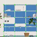 Modern Blue Bookcase With Multiple Shelves Books Decor Drawers And Potted Plant