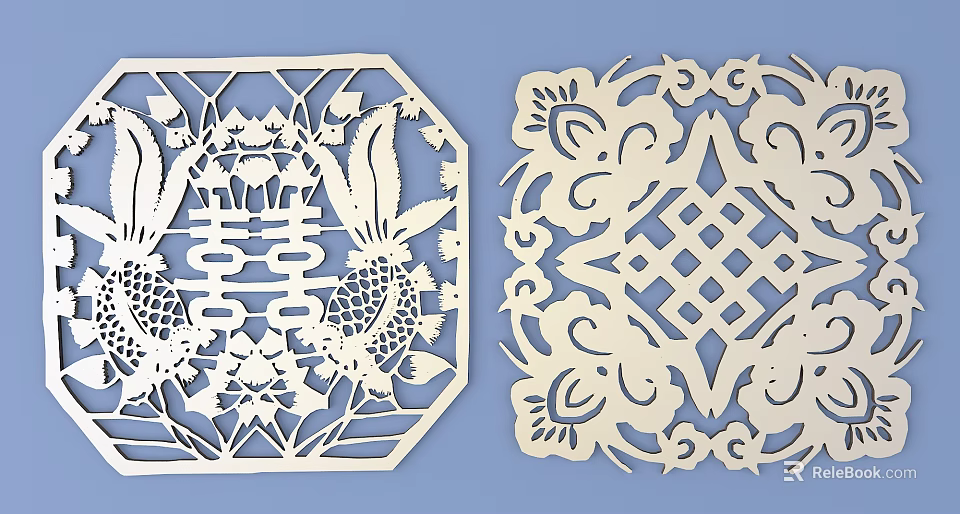 Traditional Paper Carvings Featuring Octagonal Square Double Happiness Floral Fish Patterns 3d model