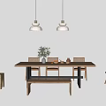Modern Minimalist Dining Table With Pendant Lights Chairs Bench Green Plant And Fruits