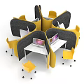 Modern Office Desk And Chair Set With Yellow Chairs Black Partitions And Computer Monitor