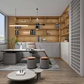 Modern Office Interior Design With Wooden Shelves Desk Chair And Pendant Lights