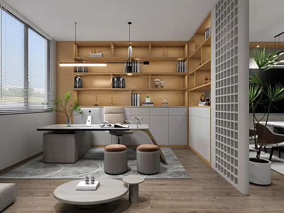 Modern Office Interior Design With Wooden Shelves Desk Chair And Pendant Lights 3d model