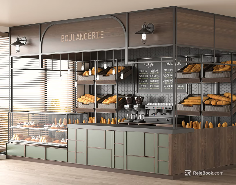 Elegant Bakery Shop With Bread Displays Coffee Machine Green Cabinets And Wooden Counter 3d model 