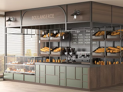 Elegant Bakery Shop With Bread Displays Coffee Machine Green Cabinets And Wooden Counter 3d model