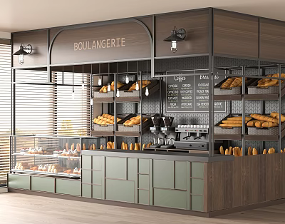 Elegant Bakery Shop With Bread Displays Coffee Machine Green Cabinets And Wooden Counter 3d model