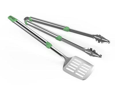 Stainless Steel Kitchen Tongs And Spatula With Green Handles For Cooking 3d model