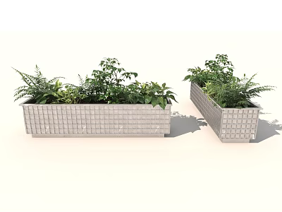 Outdoor Brick Planter Boxes Filled With Lush Green Plants And Ferns 3d model