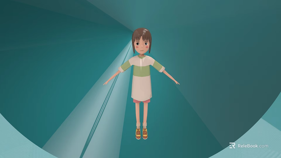 3D Game Movie Character Girl With Green White Striped Top Pink Skirt Brown Short Hair 3d model 