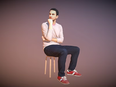 Man Sitting On Stool Thinking With Hand On Chin In Light Pink Long Sleeve Shirt 3d model