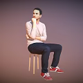 Man Sitting On Stool Thinking With Hand On Chin In Light Pink Long Sleeve Shirt