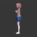 Anime Character With Pink Hair Top Blue Pleated Skirt White Socks Blue Shoes Crossed Arms