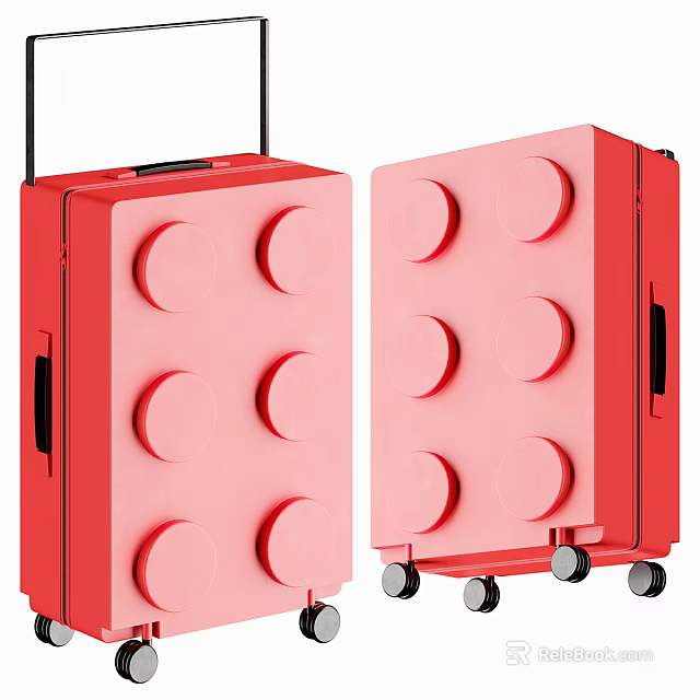Red Lego Inspired Suitcase Design With Circular Studs And Rolling Wheels 3d model 