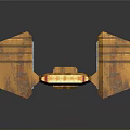 Two Orange Rusty Metal Structures With Striped Pattern On Dark Reflective Surface