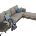 Light Colored L Shaped Sofa with Decorative Pillows and Black Square Coffee Table Set 3d model
