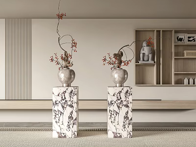 Elegant Marble Vases With Red Blossoms On Pedestals And Shelf In Modern Interior 3d model