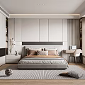 Modern Bedroom Interior With Large Bed Pillows Built-in Wardrobes Curtains And Wooden Floor Rug