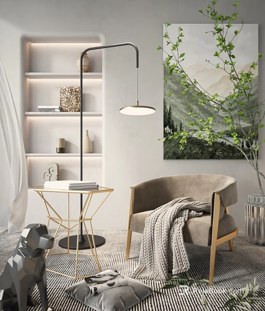 Brown Single Sofa with Knitted Blanket Gold Metal Side Table Books Shelves Green Plant Landscape Painting 3d model 
