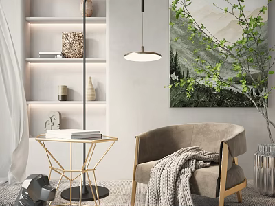 Brown Single Sofa with Knitted Blanket Gold Metal Side Table Books Shelves Green Plant Landscape Painting 3d model