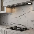 Modern White Kitchen Cabinets With Marble Island Countertop And Backsplash Interior 3d model