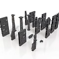 Black Textured Architectural Components Featuring Columns Panels And Decorative Blocks