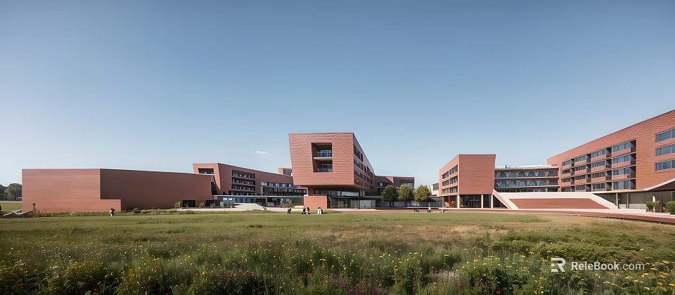 Red Brick School Buildings With Connected Classroom Wings Open Grassland And Clear Blue Sky 3d model 