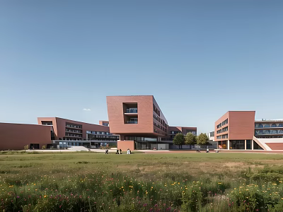 Red Brick School Buildings With Connected Classroom Wings Open Grassland And Clear Blue Sky 3d model