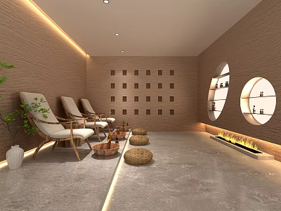 Relaxing SPA Sauna Room Interior With Square Lattice Wall Circular Windows And Comfortable Chairs 3d model