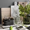 Stylish Kitchenware Display With Wooden Marble Countertop Glass Jars Fresh Herbs And Green Plants