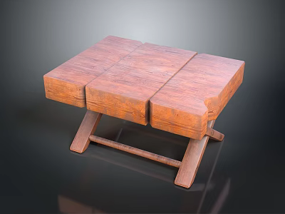 Wooden Furniture Piece With Three Planks Top And Cross Leg Support 3d model