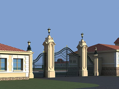 European Style Entrance Gate With Columns Lamp Posts Iron Design And Red Tile Roofs 3d model