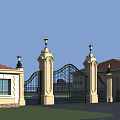 European Style Entrance Gate With Columns Lamp Posts Iron Design And Red Tile Roofs