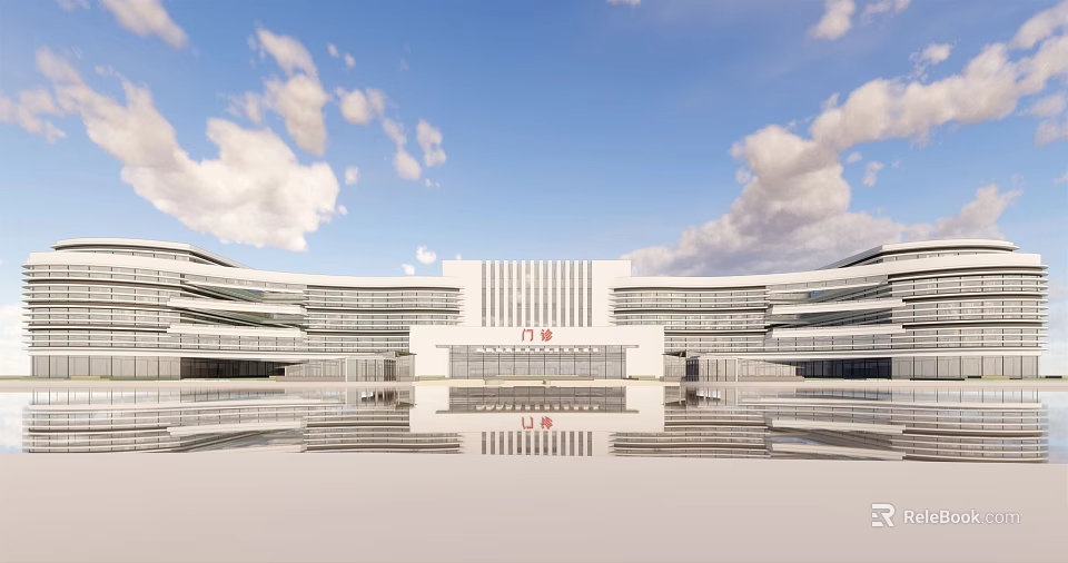 Modern Symmetric Public Building With White Facade And Water Reflection Under Blue Sky 3d model 